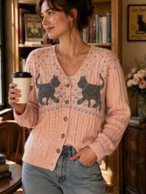 Vintage Northern Reflections Pink Cardigan with Gray Cat Intarsia Cottagecore